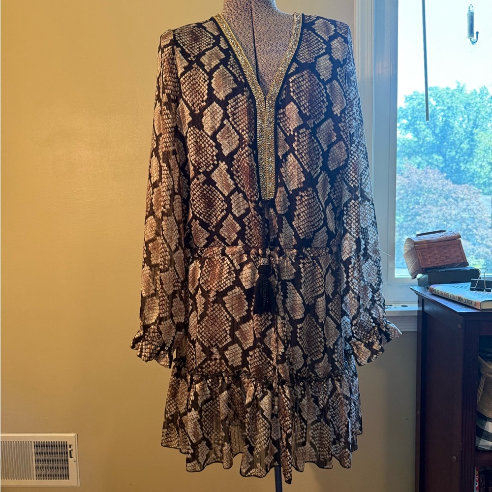 Brown and White Ruffled Wrap Sundress